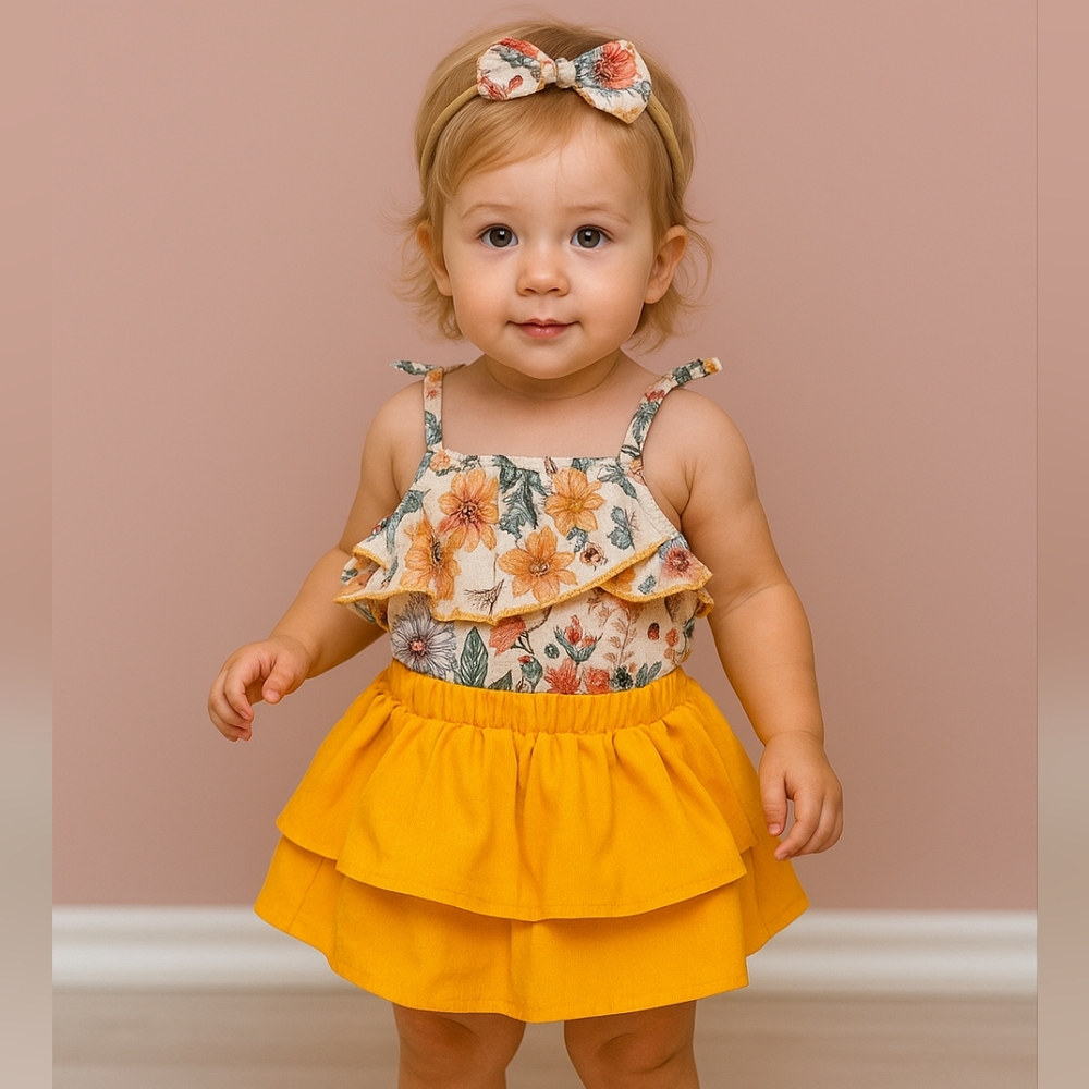 Boho Baby Girl Romper Dress Vintage Floral Ruffles Bow Sleeves Kids Set 9-12M